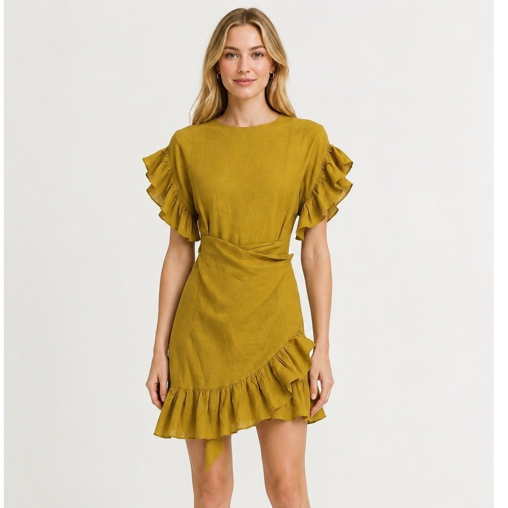 Storets Linen Mini Dress Womens Mustard Yellow Ruffle Sleeve Wrap Front Tie Back